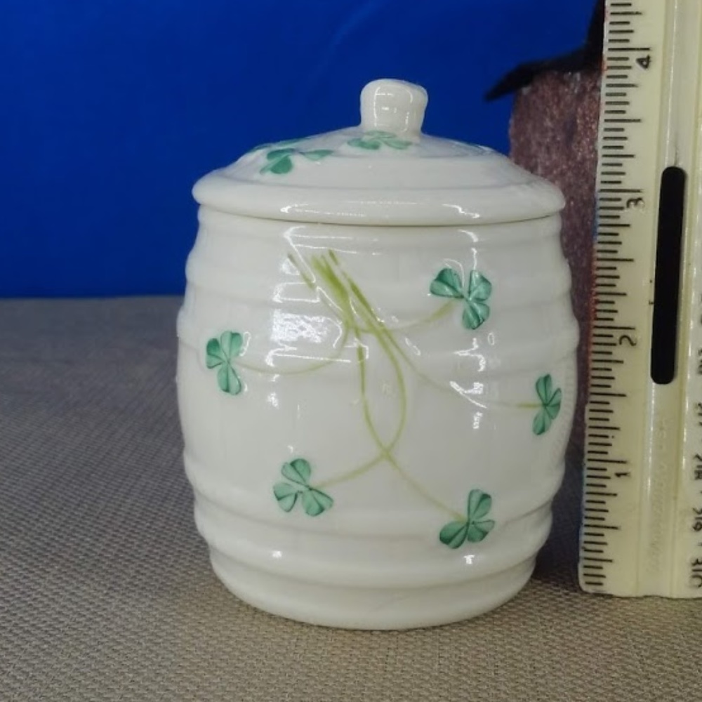 Belleek Shamrock Pattern Numbered Jam Jar w/Lid